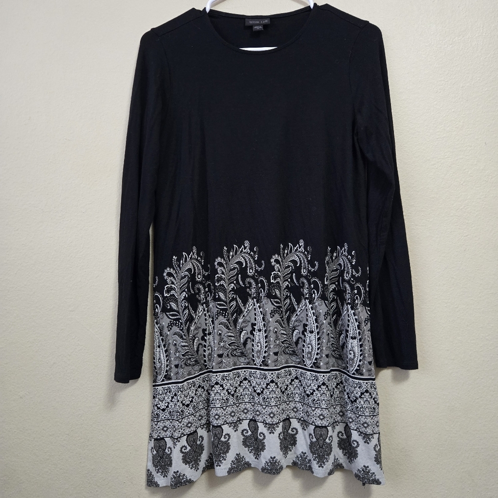 J JILL Wearever Womens Size XS‎ Black Long Sleeve Paisley-Border Tunic Top Slits